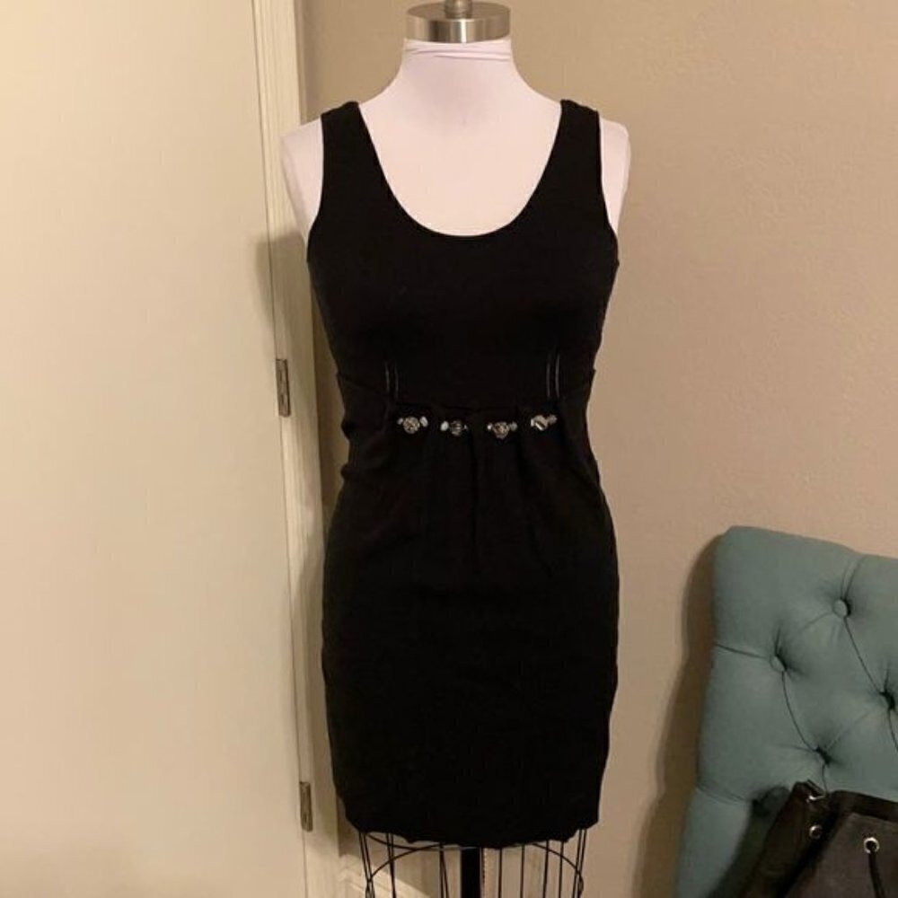 Vintage Milly Black Dress Sleeveless Bodycon Sweater Waist Tie Beading Sz L